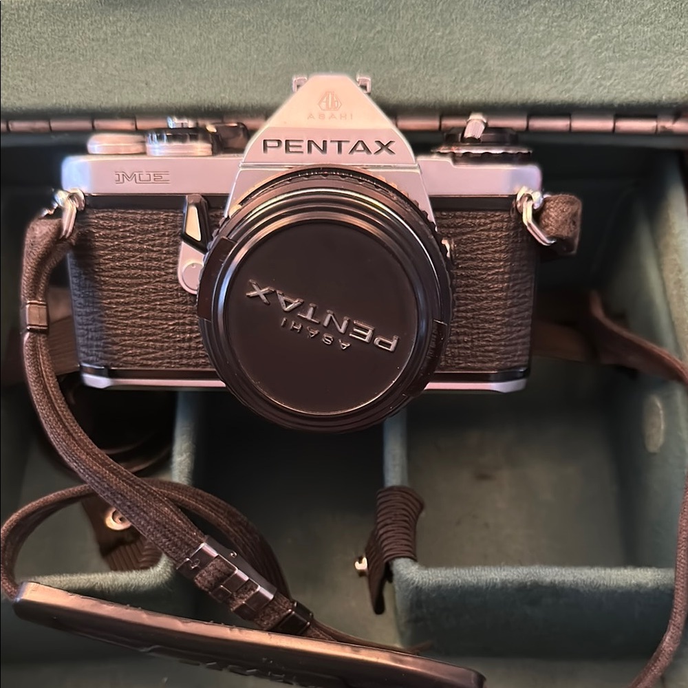 Pentax Black and Silver Film camera with two lenses, flash made in the USA